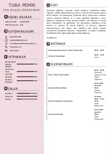 Fen Bilgisi Öğretmeni CV Örnekleri cv indir